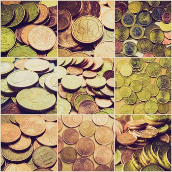 Vintage retro looking Euro money collage with coins (European currency)