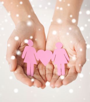 love, romance, human rights, lesbian, family concept - woman hands showing two paper women with heart shape