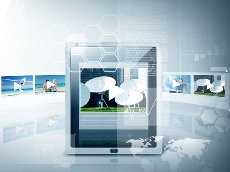 business, technology and video concept - illustration of tablet pc with video player app