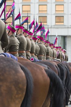 Warsaw, Poland – May 12, 2014: Danish Crown Prince Couple on state visit to Poland. Detail of a row of the horse detachment.