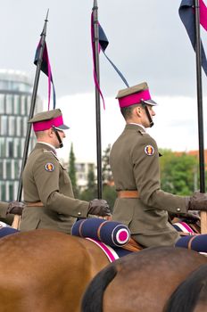 Warsaw, Poland – May 12, 2014: Danish Crown Prince Couple on state visit to Poland. Polish cavalrymen at the military parade.