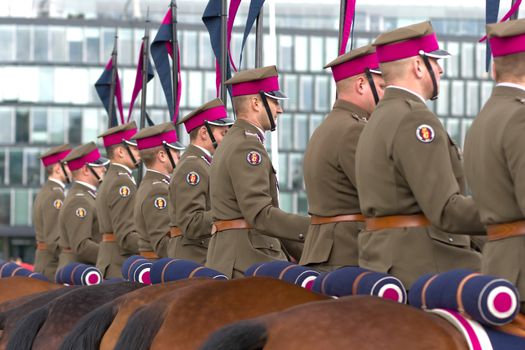 Warsaw, Poland – May 12, 2014: Danish Crown Prince Couple on state visit to Poland. Polish cavalrymen at the military parade.