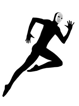 performer man mime with mask running jumping on studio isolated on white background