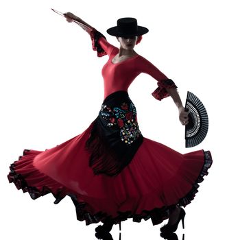 one woman gypsy flamenco dancing dancer on studio isolated white background