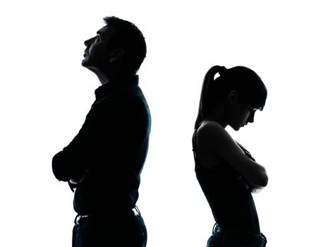 one man and teenager girl dispute conflict in silhouette indoors isolated on white background