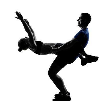 couple woman man exercising workout fitness aerobics posture in silhouette studio isolated on white background