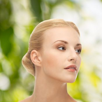 health and beauty, eco, bio, nature concept - face of beautiful woman with blonde hair