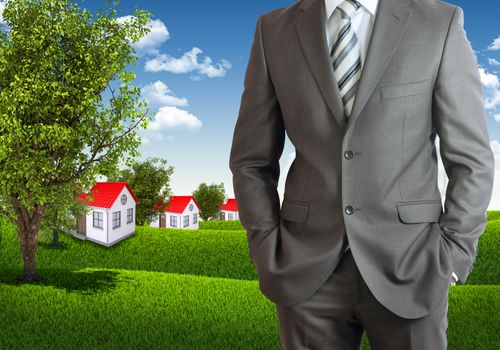 Businessman standing with hands in pockets. Blue sky, green grass and town as backdrop