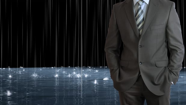 Businessman standing with hands in pockets. Rain and surface waters as backdrop