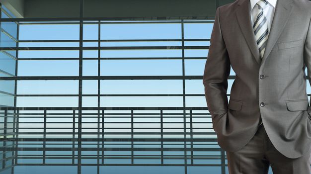 Businessman wearing a suit. Large window in the airport terminal as background
