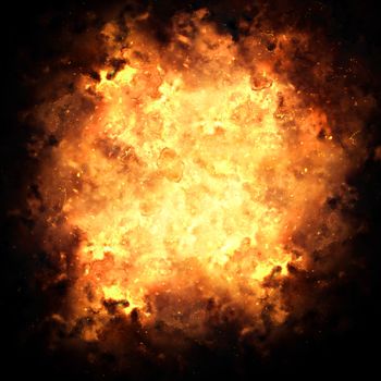 Realistic fiery explosion busting over a black background.