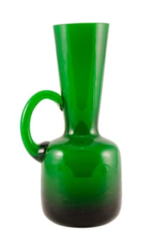 green glass modern vase with handle isolated on white bacground