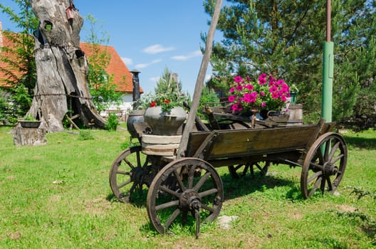 old rustic wooden rural carriage with summer flower composition village park