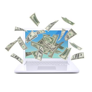 Dollar notes flying around the laptop. Isolated on white background