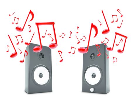 Music notes around audio speakers. Isolated on white background