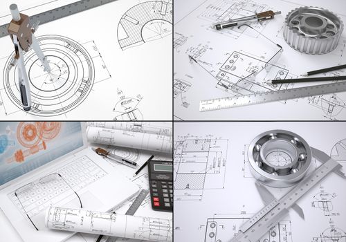 Collection of images on engineering topics. Drawings and engineer tools