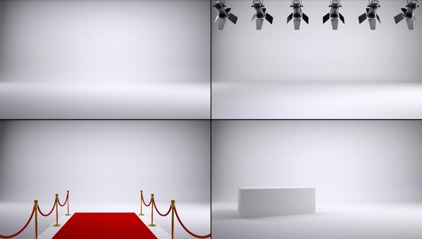 Collection of gray studio shots. Red carpet, box and lighting lamps