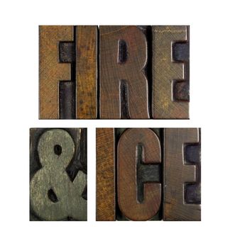 The words FIRE AND ICE written in vintage letterpress type