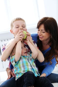 Mother and two brothers during family breakfast