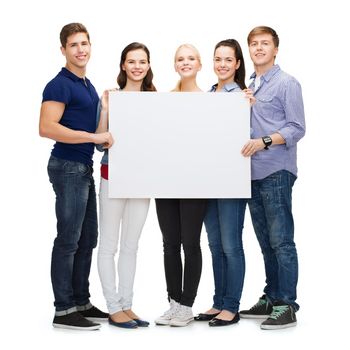 education, advertisement, sale and people concept - group of smiling students with blank white board
