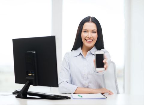 education, school, business, communication and technology concept - smiling businesswoman or student with computer and smartphone