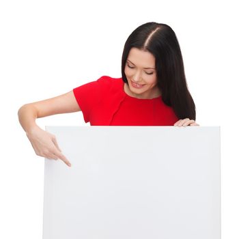 advertisement,sale and people concept - smiling young woman with blank white board