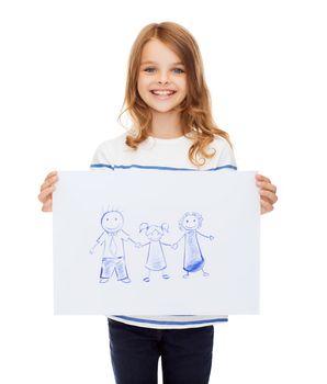 creation, art, family, happiness and painting concept - smiling little child holding picture of family