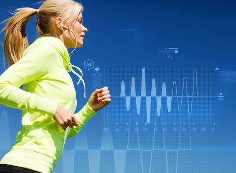 sport, training, technology, fitness and lifestyle concept - woman doing running with earphones outdoors