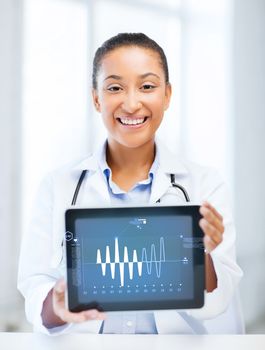 healthcare, medicine and technology concept - african female doctor with tablet pc