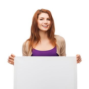 advertisement, sale and people concept - smiling young girl with blank white board