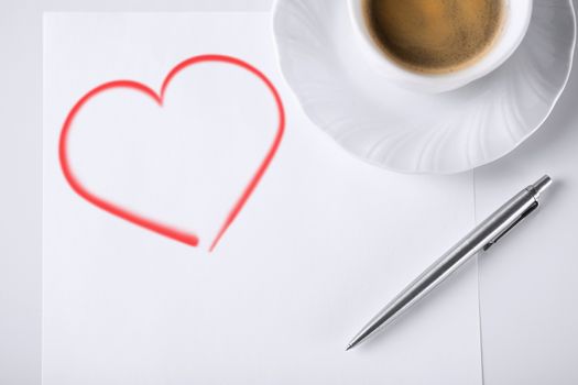 business and love concept - blank paper for note, pen and coffee
