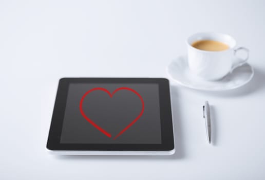 love and technology concept - tablet pc and pen with cup of coffee