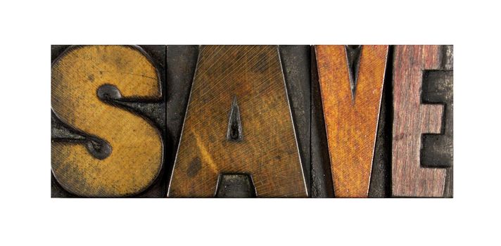 The word SAVE written in vintage letterpress type