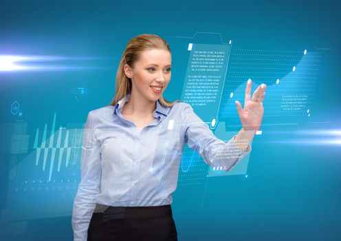 business, technology, communication concept - businesswoman working with imaginary virtual screen