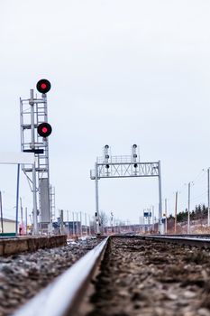 Railroad Track and Res Lights from a Low Angle