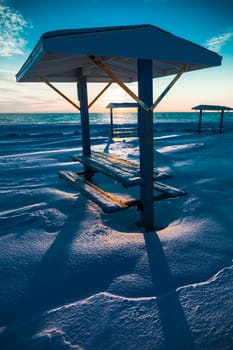 Picnic Table at the Sea During the Winter with No People