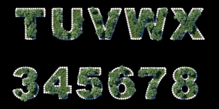 green garden set with grey cubing border on black. letters and numerals