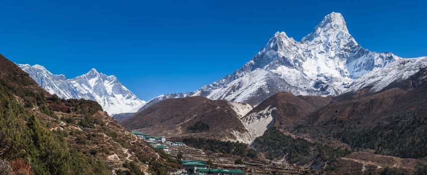 Panoramic view of Ama Dablam, Everest and Lhotse. himalaya village on foreground