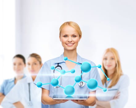 healthcare, medicine,research, science, chemistry and technology concept - smiling female doctor or nurse with tablet pc computer