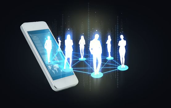 business and technology concept - smartphone with social or business network