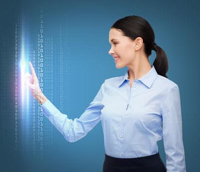 business, new technology and communication concept - businesswoman working with imaginary virtual screen