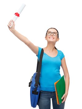 education and people concept - smiling student in eyeglasses with bag, folders and diploma