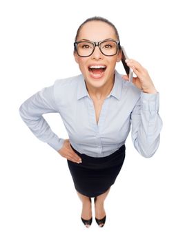 business, technilogy, communication and office concept - businesswoman in eyeglasses with smartphone talking to someone