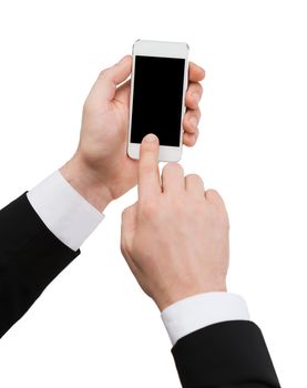 business, internet and technology concept - businessman touching screen of smartphone