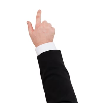 business and advertisement concept - close up of businessman pointing to something