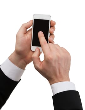 business, internet and technology concept - closeup of businessman hand touching screen of smartphone
