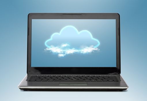 technology, connectivity and cloud computing concept - laptop computer with cloud on screen