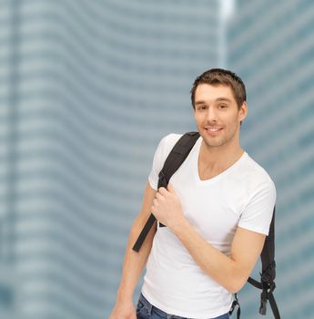 tourism, education and vacation concept - travelling student with backpack outdoor