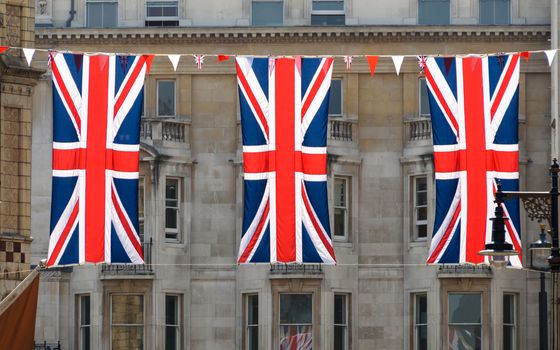 Three Union Jack flags in London, UK