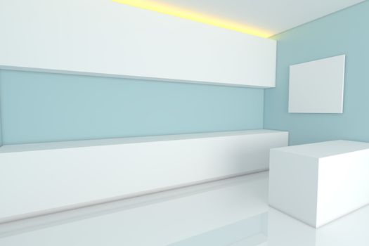 empty interior design for kitchen room with blue wall.